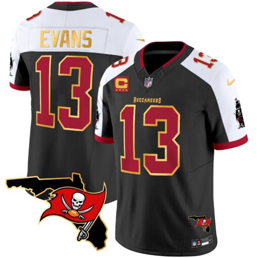 Men's Tampa Bay Buccaneers #13 Mike Evans Black/White With Florida Patch Gold Trim Vapor Football Stitched Jersey